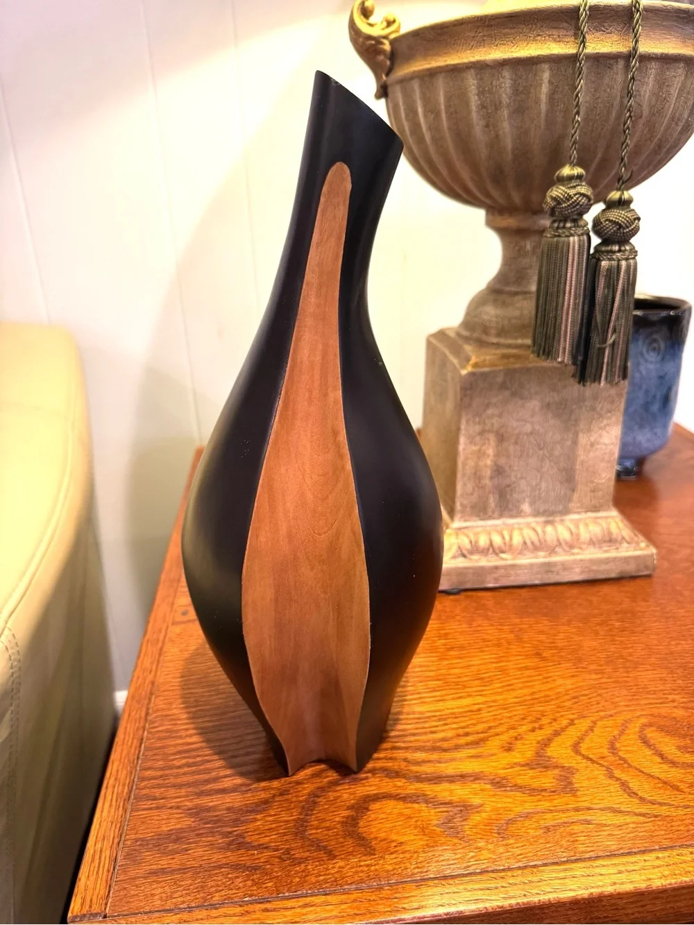 Solid Wood Two Tone Decorative Vase — Modern Wood Accent with swirl.